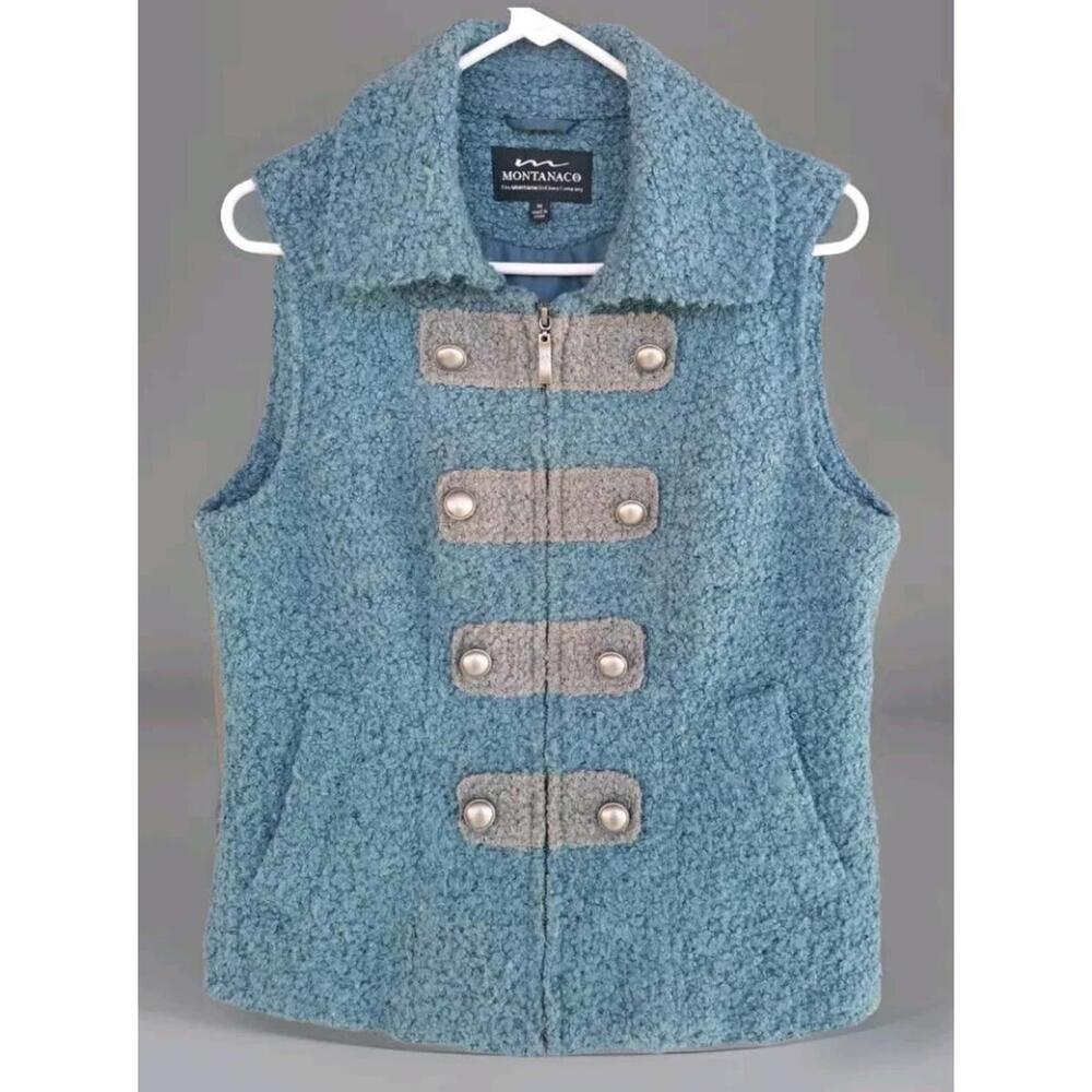Montanaco Women's Medium Teal Vest Decorative Front Looped Acrylic Fleece Lined